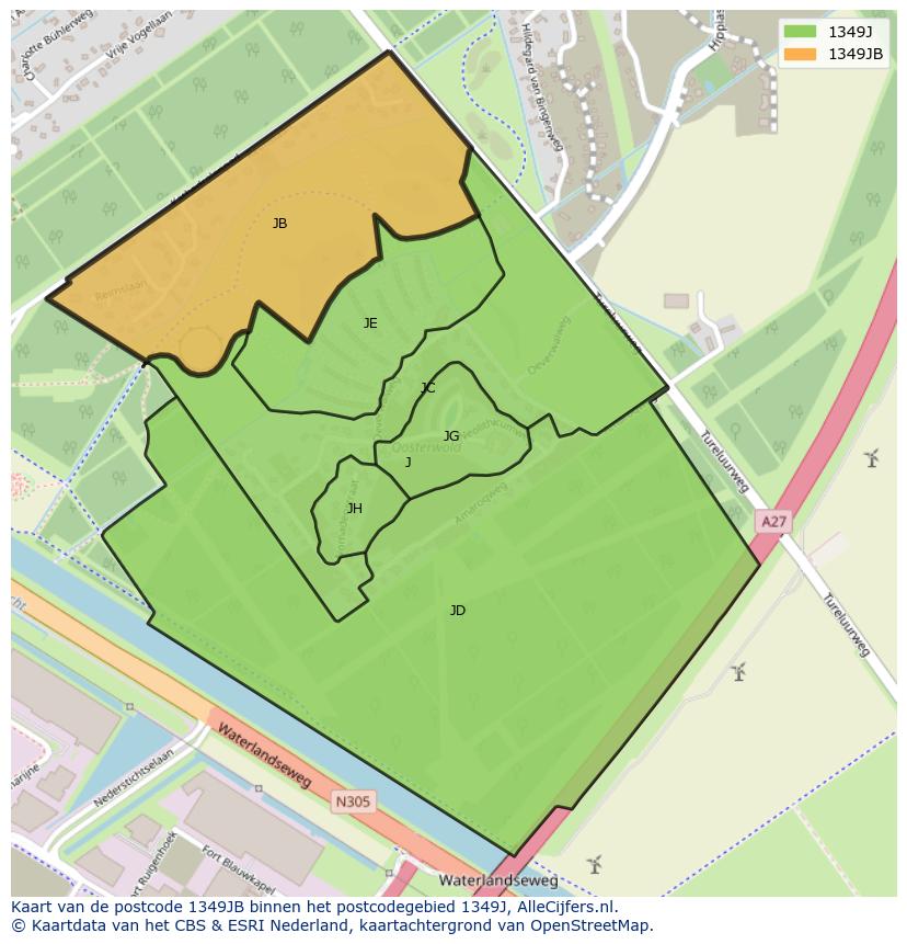 Afbeelding van het postcodegebied 1349 JB op de kaart.