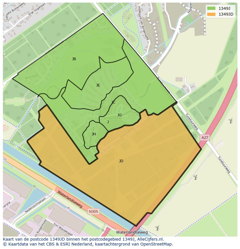 Afbeelding van het postcodegebied 1349 JD op de kaart.