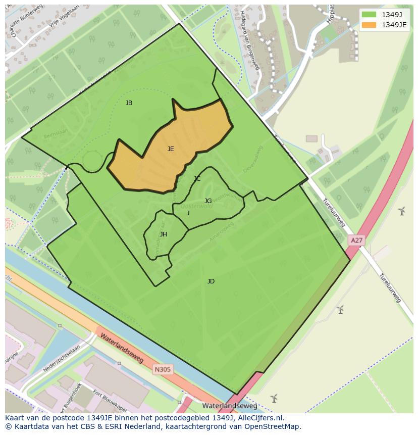 Afbeelding van het postcodegebied 1349 JE op de kaart.