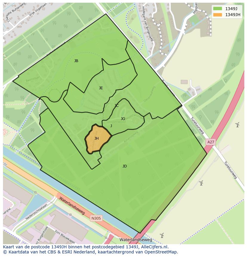 Afbeelding van het postcodegebied 1349 JH op de kaart.