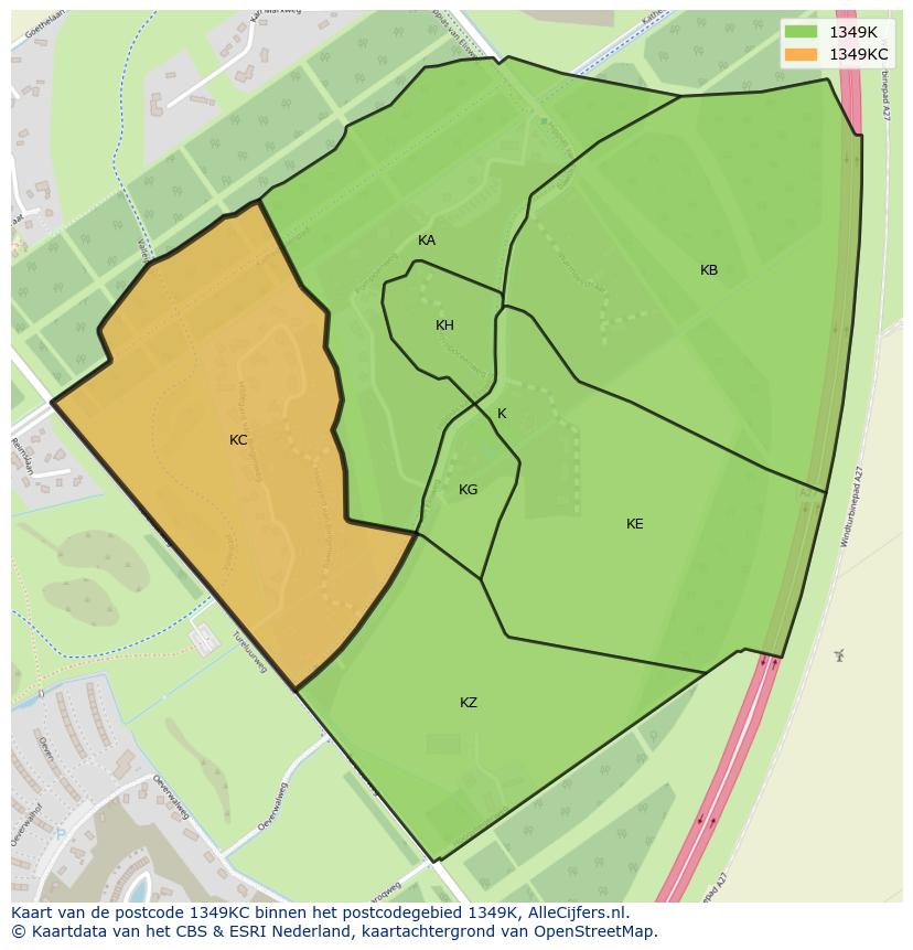 Afbeelding van het postcodegebied 1349 KC op de kaart.