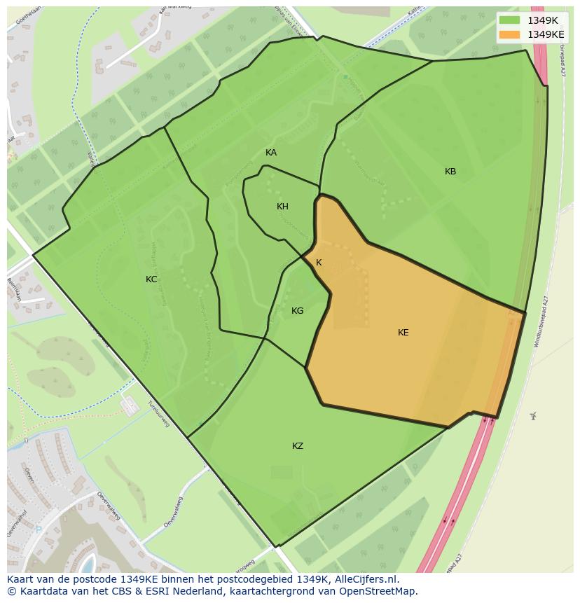 Afbeelding van het postcodegebied 1349 KE op de kaart.