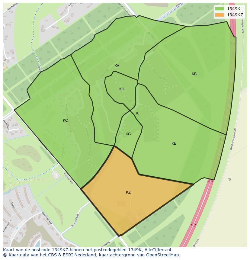 Afbeelding van het postcodegebied 1349 KZ op de kaart.