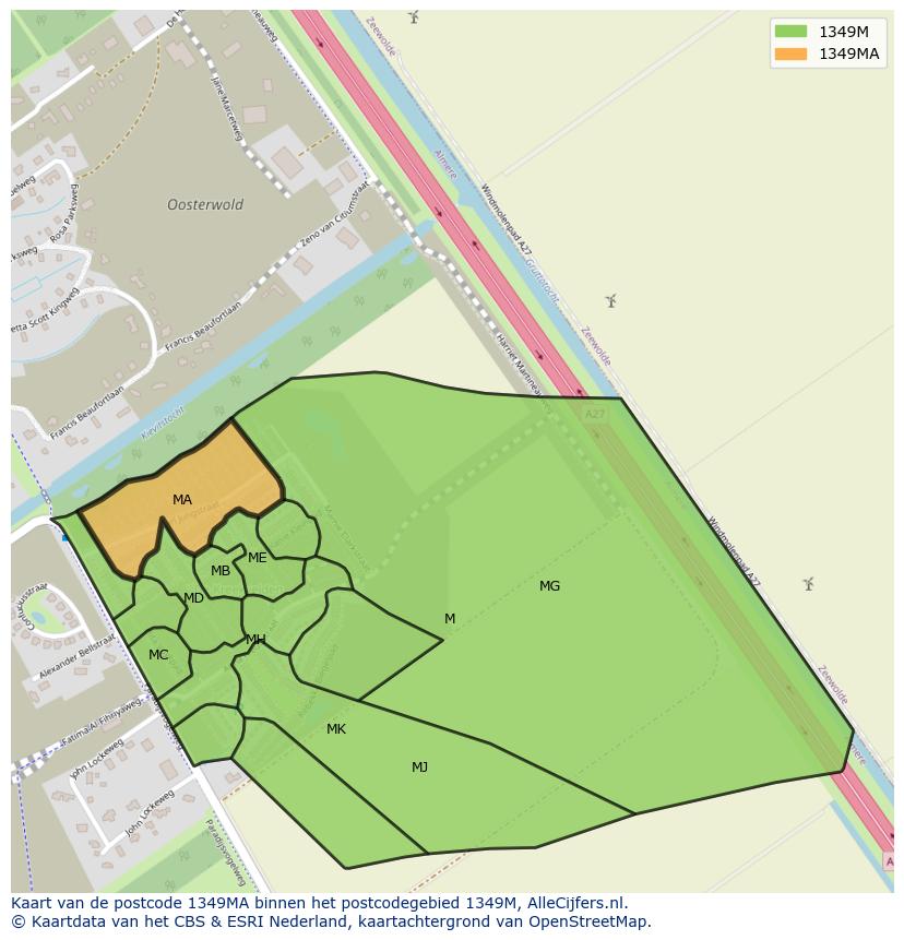 Afbeelding van het postcodegebied 1349 MA op de kaart.