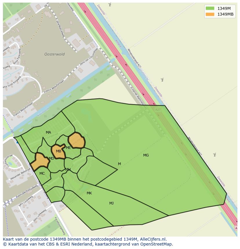 Afbeelding van het postcodegebied 1349 MB op de kaart.