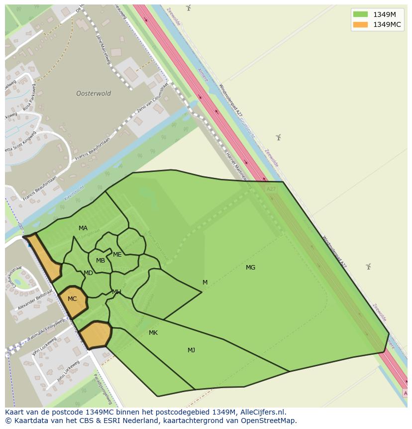 Afbeelding van het postcodegebied 1349 MC op de kaart.
