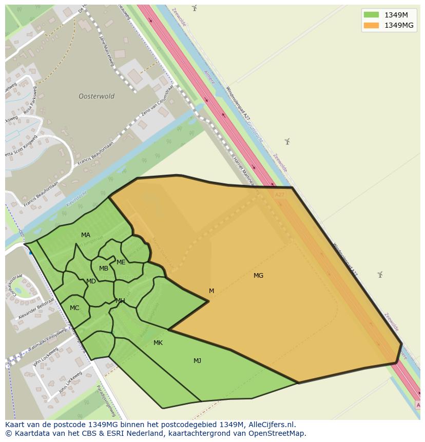 Afbeelding van het postcodegebied 1349 MG op de kaart.