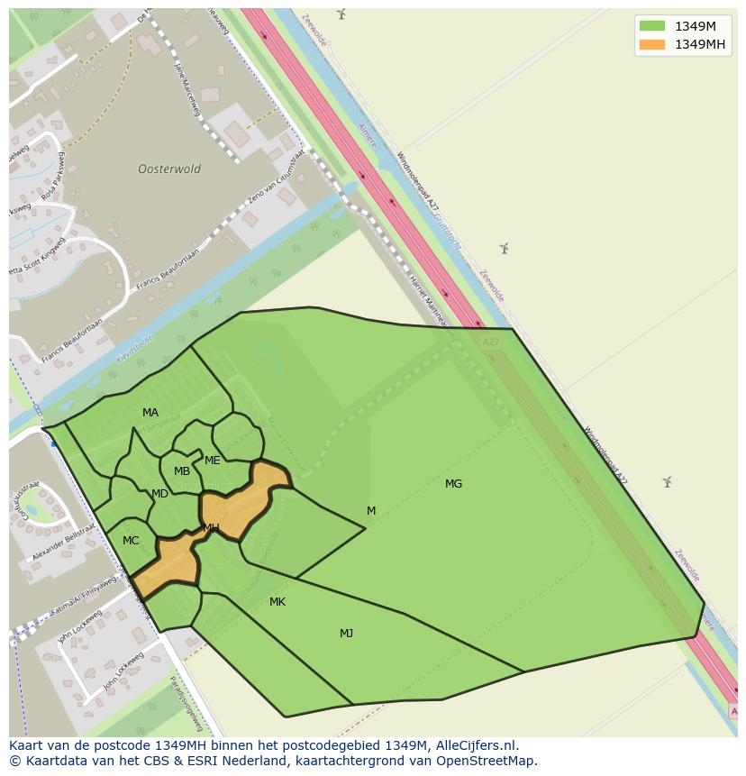 Afbeelding van het postcodegebied 1349 MH op de kaart.