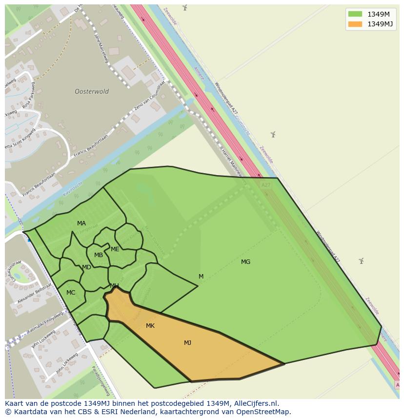 Afbeelding van het postcodegebied 1349 MJ op de kaart.