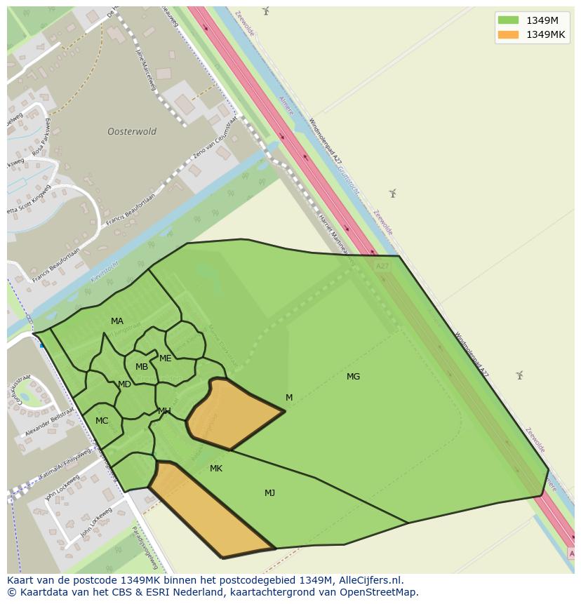 Afbeelding van het postcodegebied 1349 MK op de kaart.
