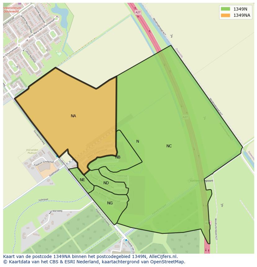 Afbeelding van het postcodegebied 1349 NA op de kaart.
