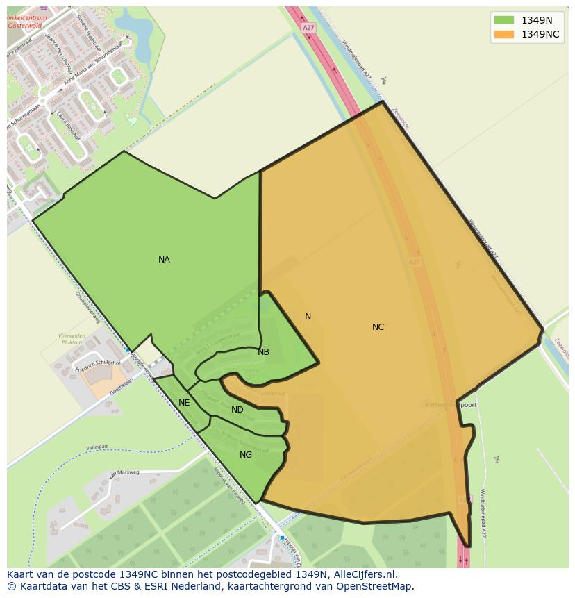 Afbeelding van het postcodegebied 1349 NC op de kaart.