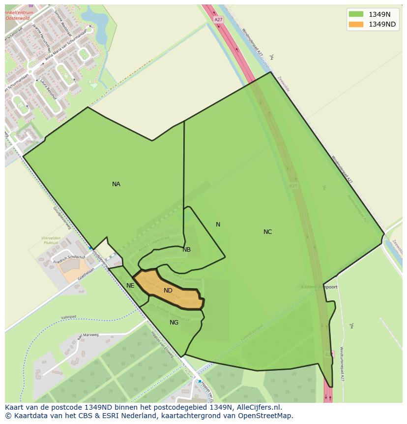 Afbeelding van het postcodegebied 1349 ND op de kaart.