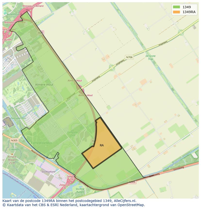 Afbeelding van het postcodegebied 1349 RA op de kaart.