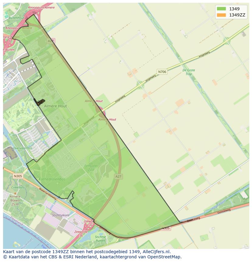 Afbeelding van het postcodegebied 1349 ZZ op de kaart.
