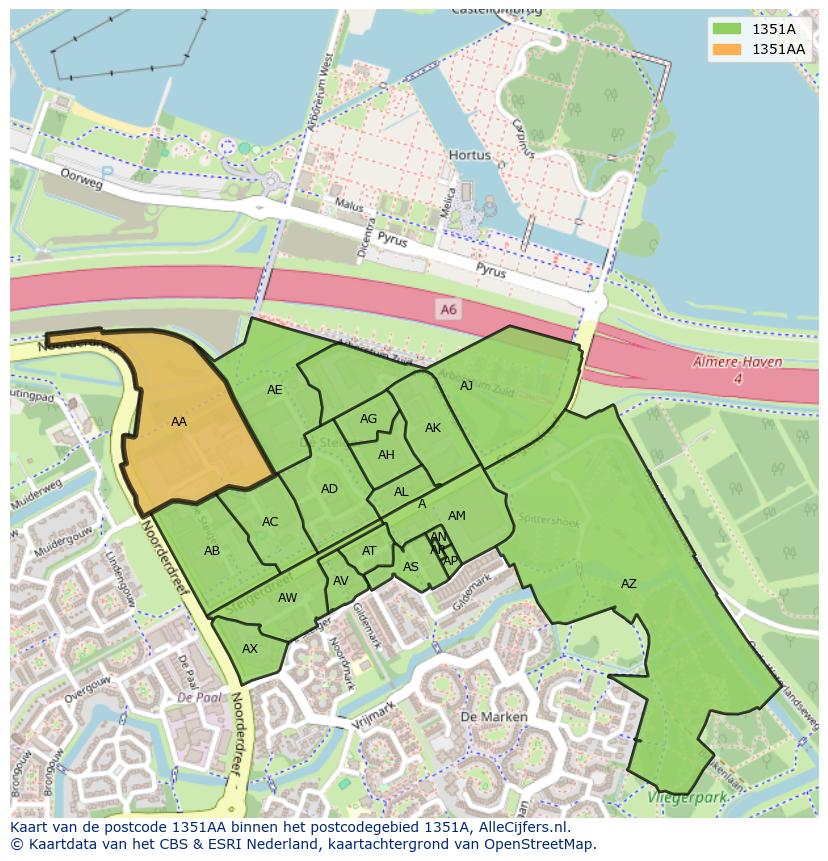 Afbeelding van het postcodegebied 1351 AA op de kaart.