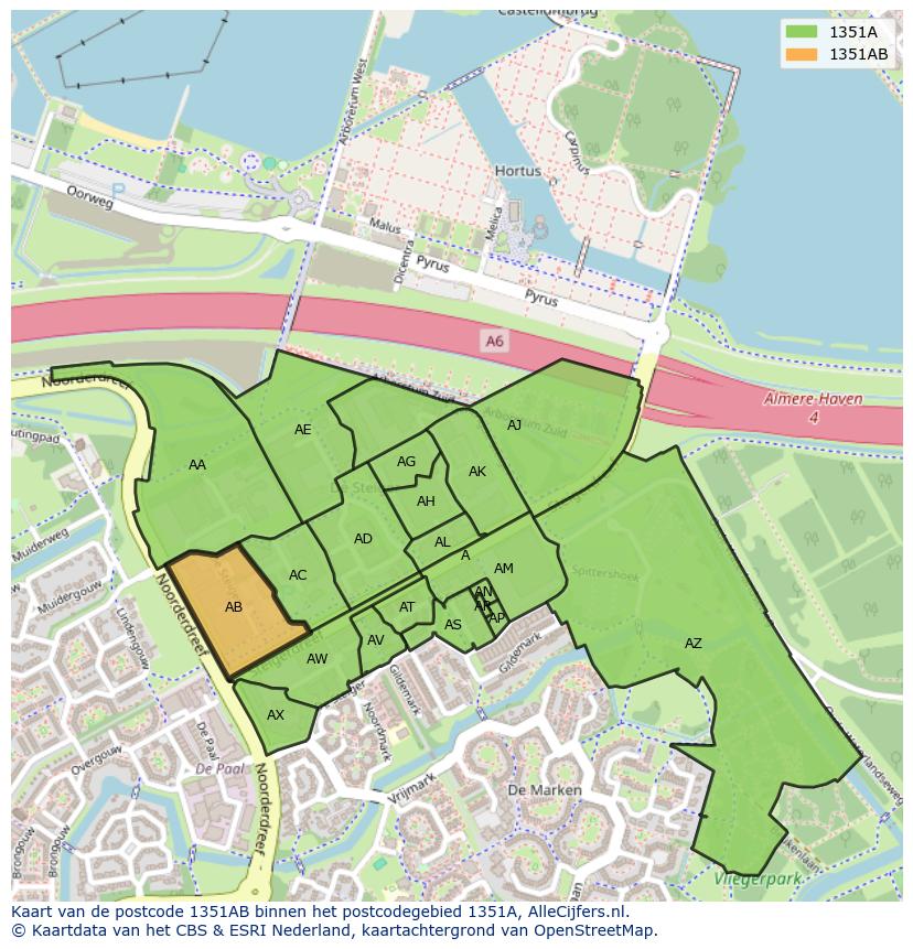 Afbeelding van het postcodegebied 1351 AB op de kaart.