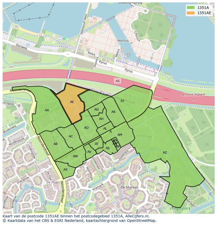 Afbeelding van het postcodegebied 1351 AE op de kaart.
