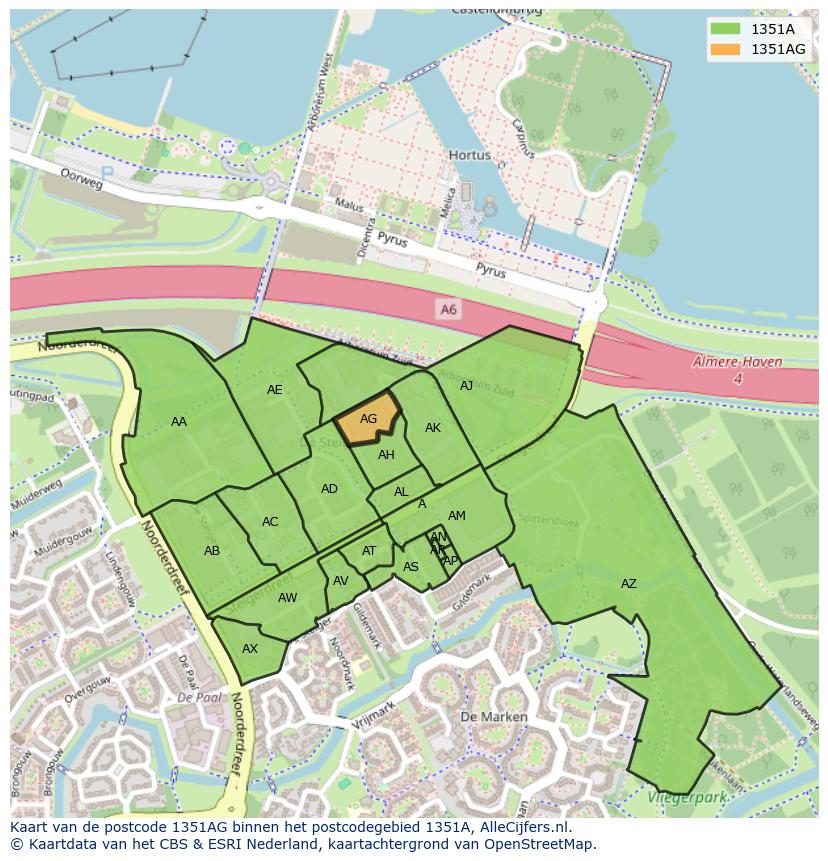 Afbeelding van het postcodegebied 1351 AG op de kaart.