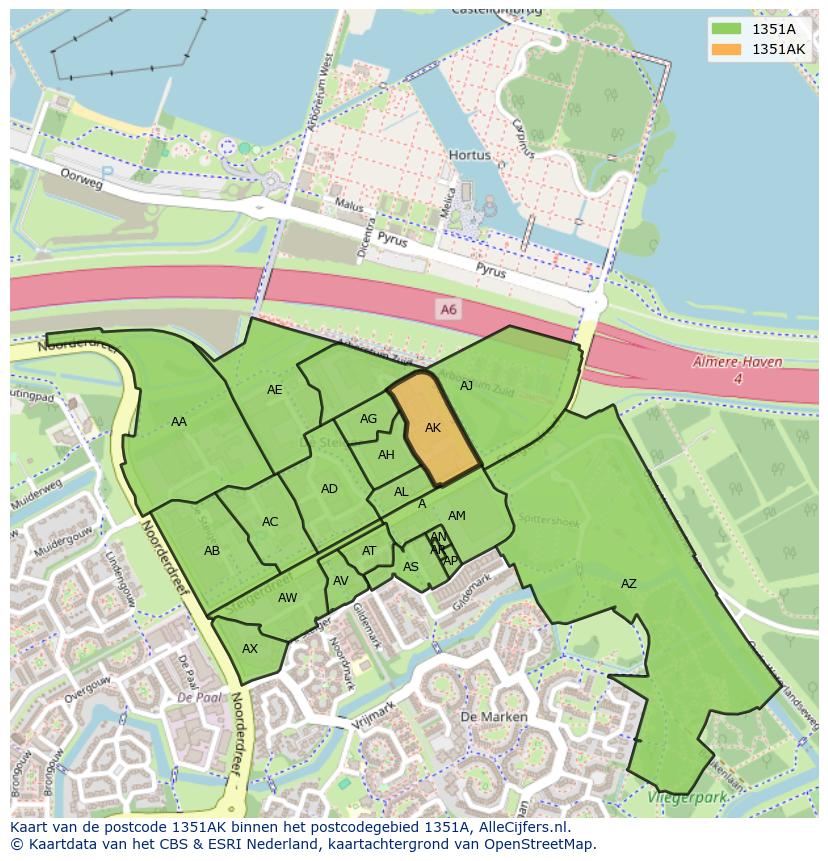 Afbeelding van het postcodegebied 1351 AK op de kaart.