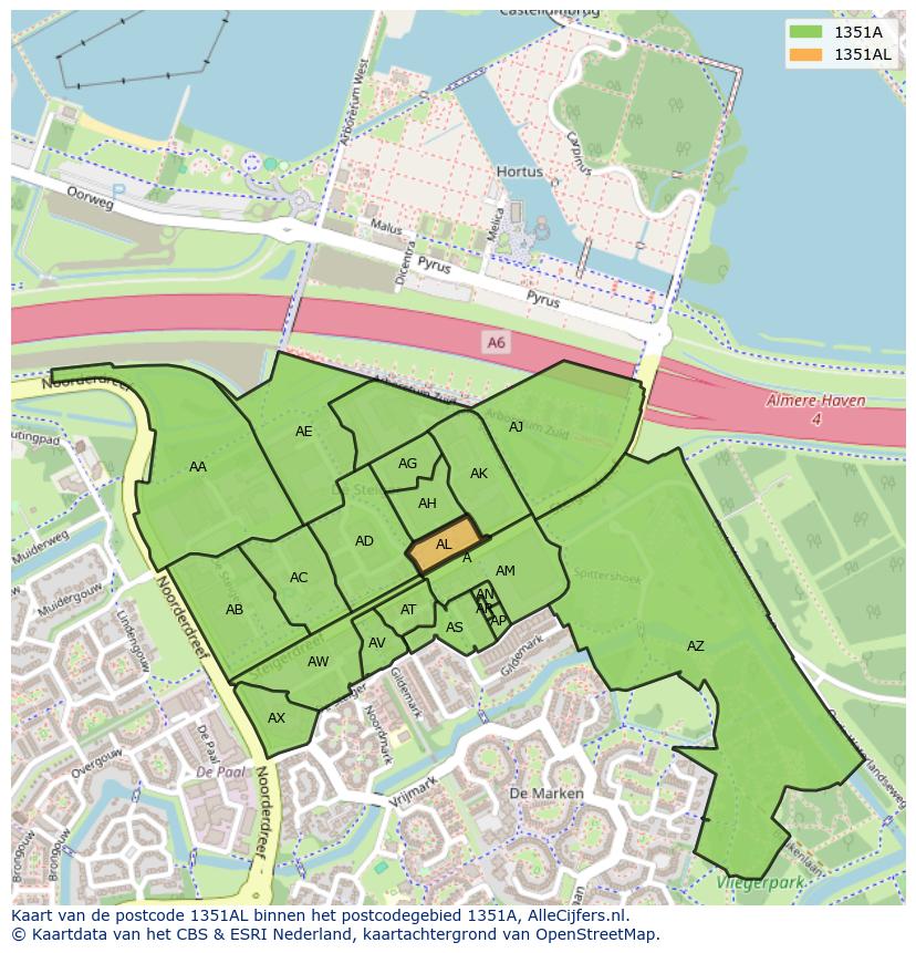 Afbeelding van het postcodegebied 1351 AL op de kaart.