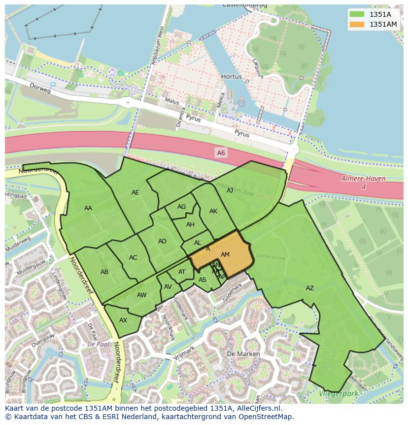Afbeelding van het postcodegebied 1351 AM op de kaart.