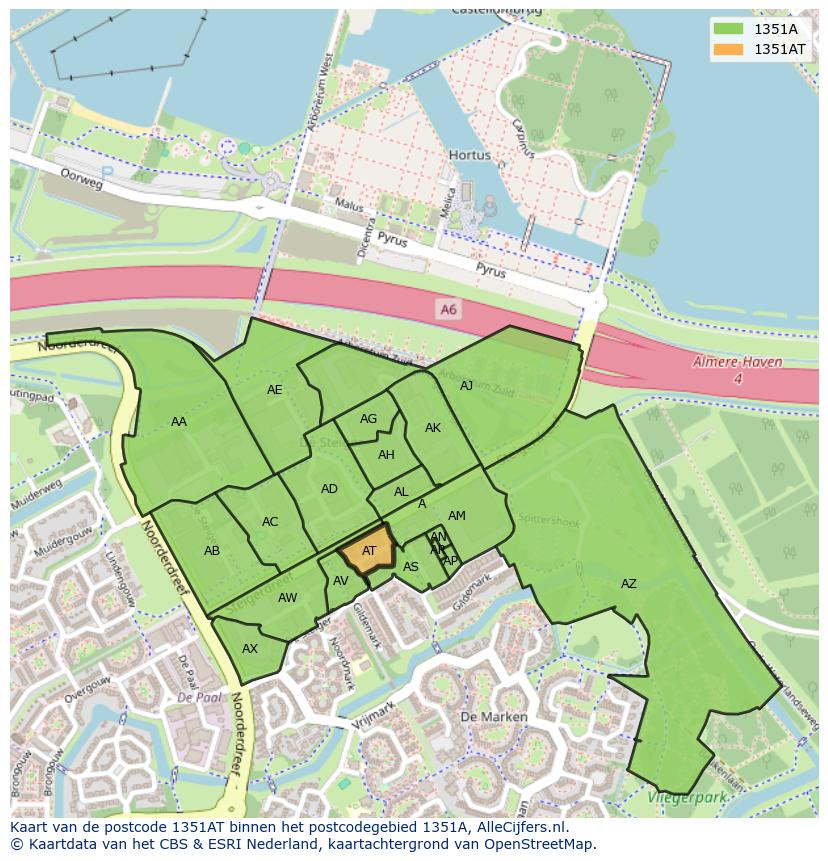Afbeelding van het postcodegebied 1351 AT op de kaart.