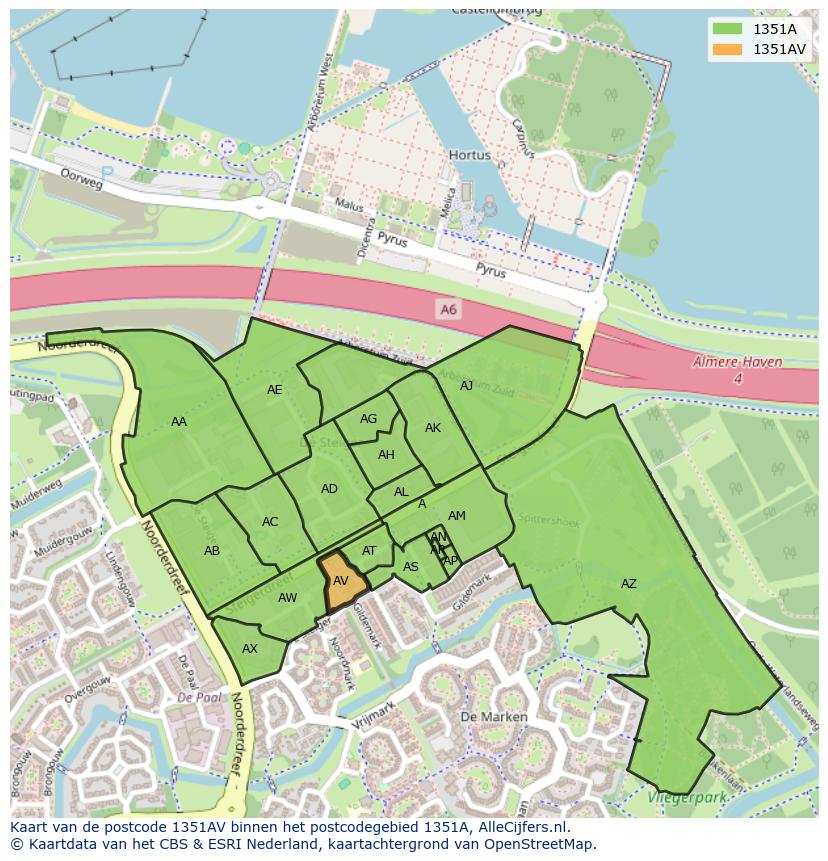 Afbeelding van het postcodegebied 1351 AV op de kaart.