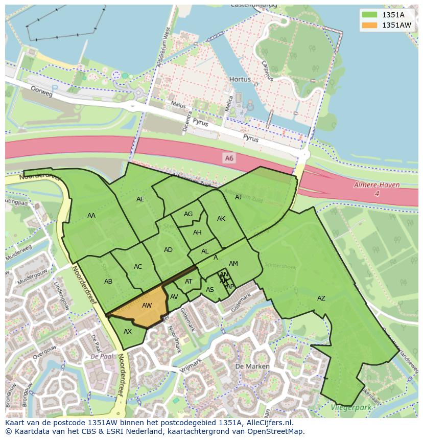 Afbeelding van het postcodegebied 1351 AW op de kaart.
