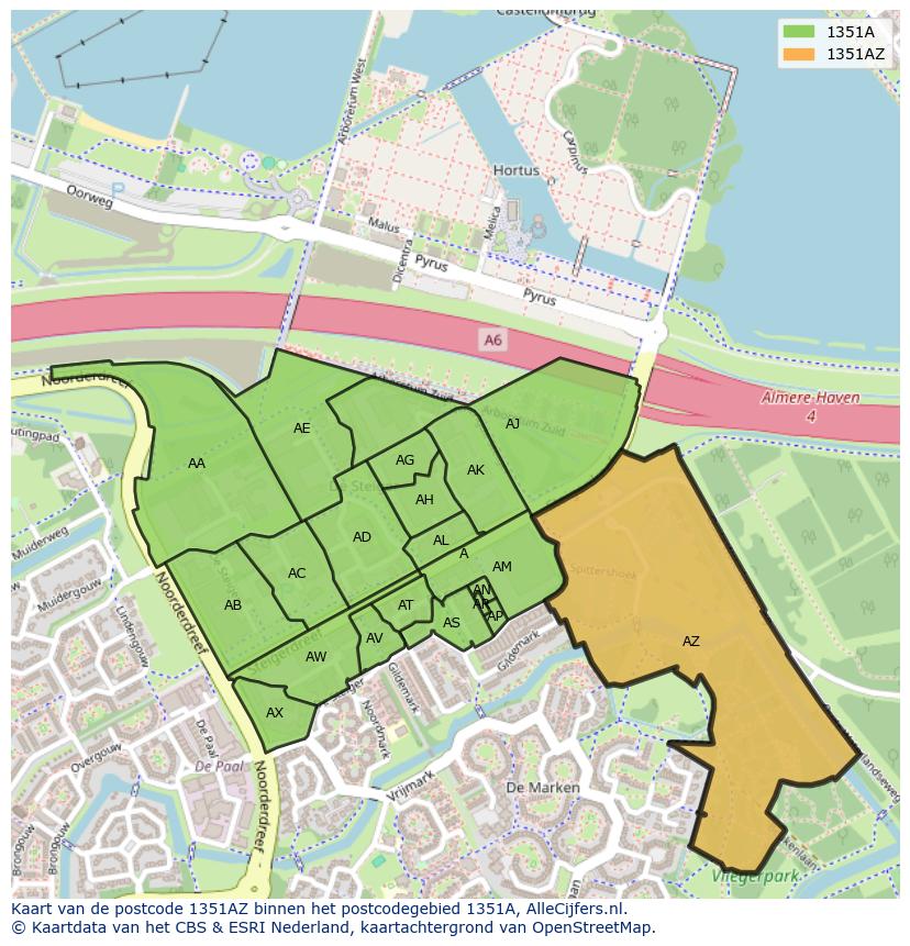 Afbeelding van het postcodegebied 1351 AZ op de kaart.