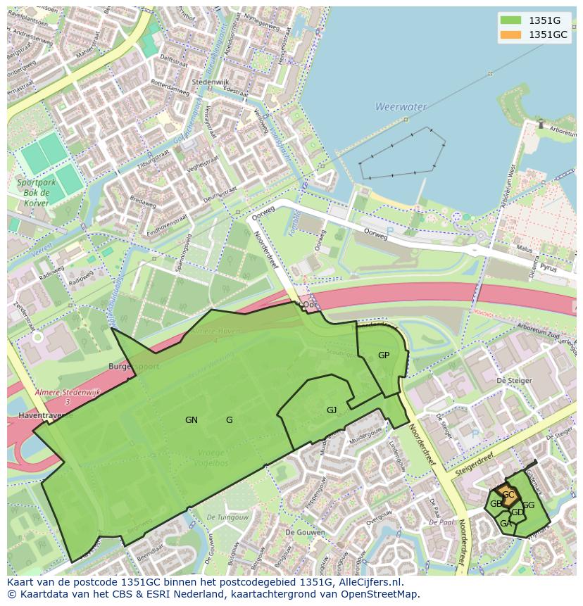 Afbeelding van het postcodegebied 1351 GC op de kaart.