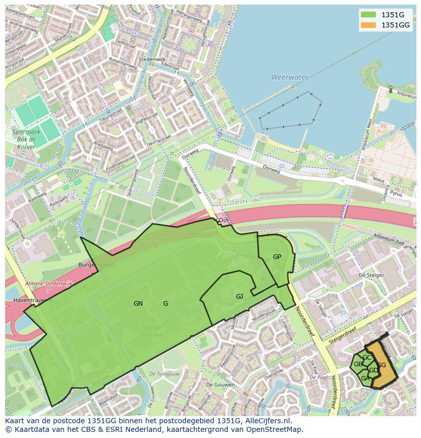 Afbeelding van het postcodegebied 1351 GG op de kaart.