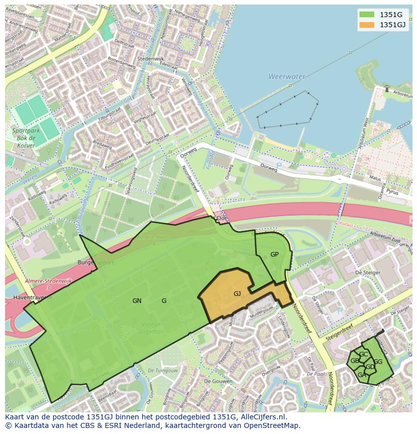 Afbeelding van het postcodegebied 1351 GJ op de kaart.