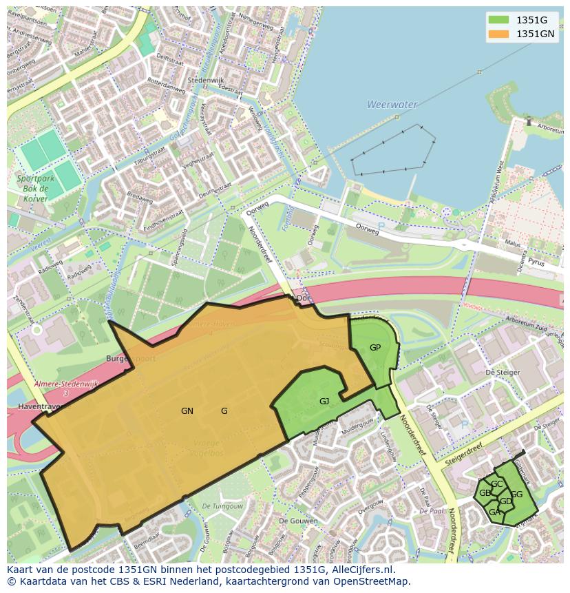 Afbeelding van het postcodegebied 1351 GN op de kaart.