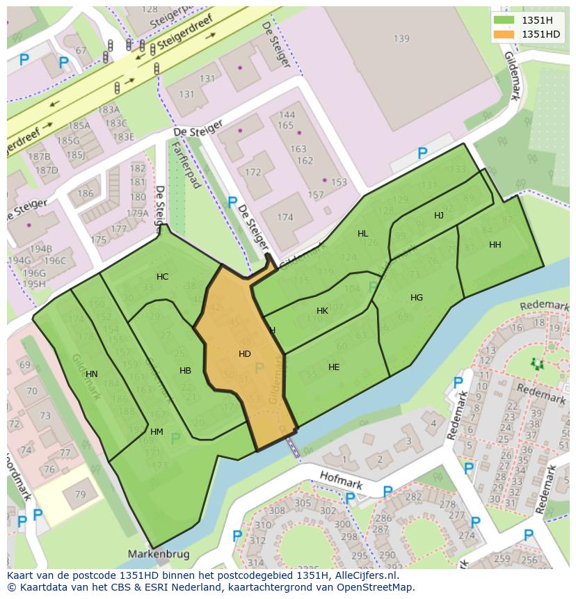 Afbeelding van het postcodegebied 1351 HD op de kaart.