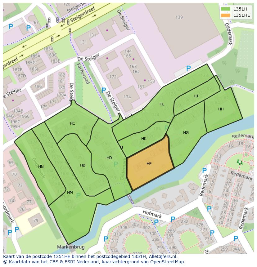 Afbeelding van het postcodegebied 1351 HE op de kaart.