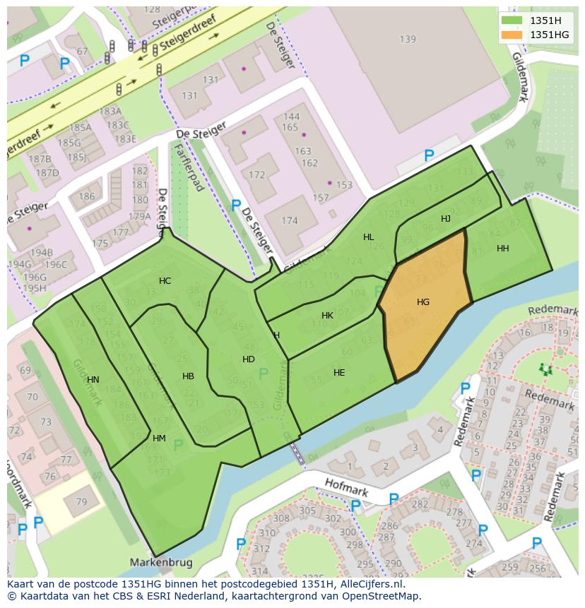 Afbeelding van het postcodegebied 1351 HG op de kaart.