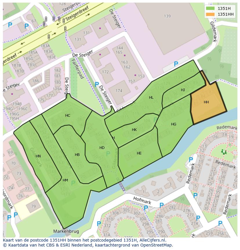 Afbeelding van het postcodegebied 1351 HH op de kaart.
