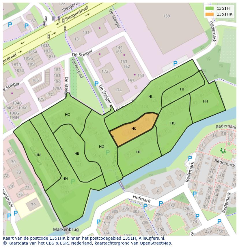 Afbeelding van het postcodegebied 1351 HK op de kaart.