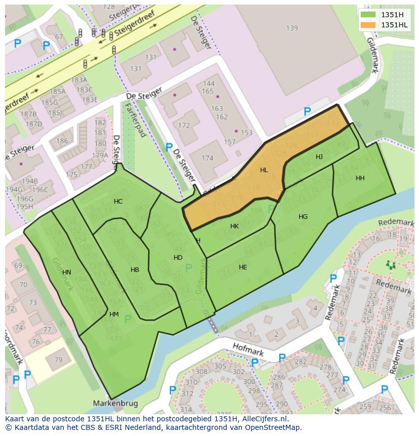 Afbeelding van het postcodegebied 1351 HL op de kaart.