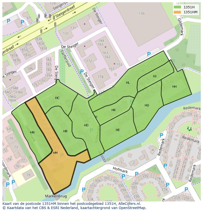 Afbeelding van het postcodegebied 1351 HM op de kaart.