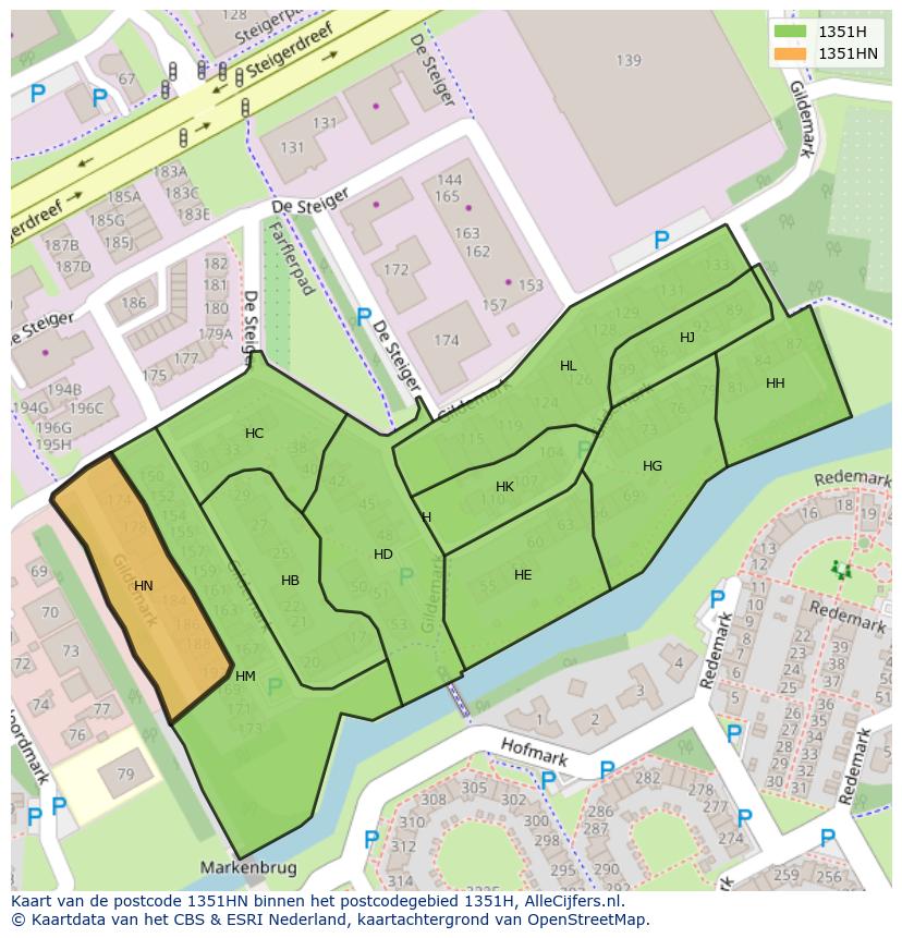 Afbeelding van het postcodegebied 1351 HN op de kaart.