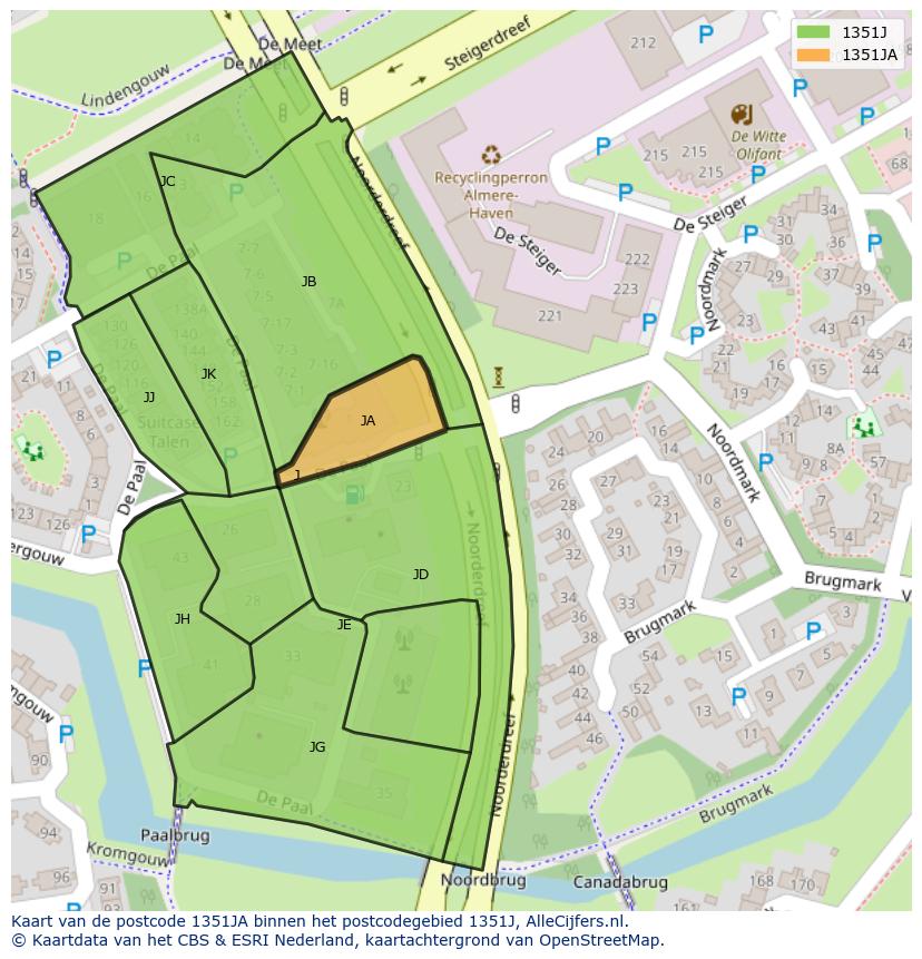 Afbeelding van het postcodegebied 1351 JA op de kaart.