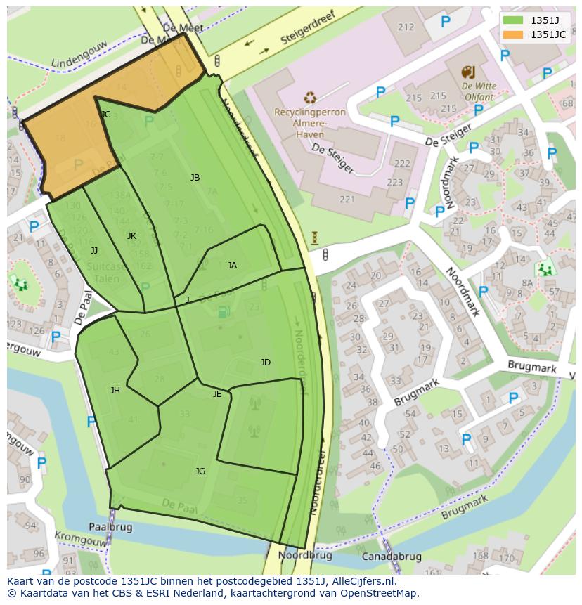 Afbeelding van het postcodegebied 1351 JC op de kaart.