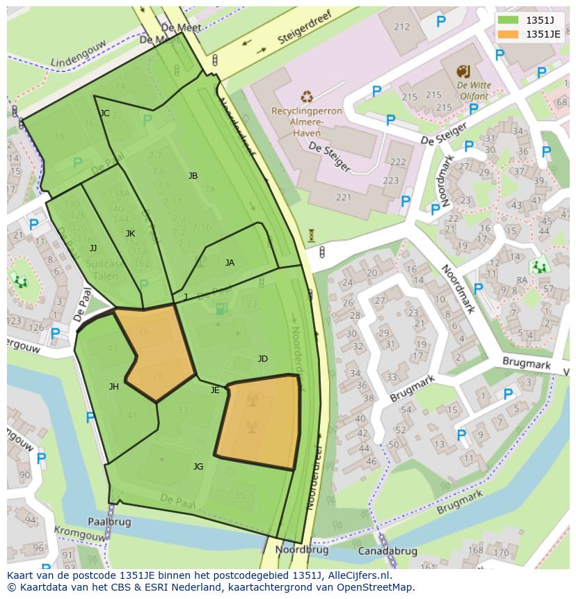 Afbeelding van het postcodegebied 1351 JE op de kaart.