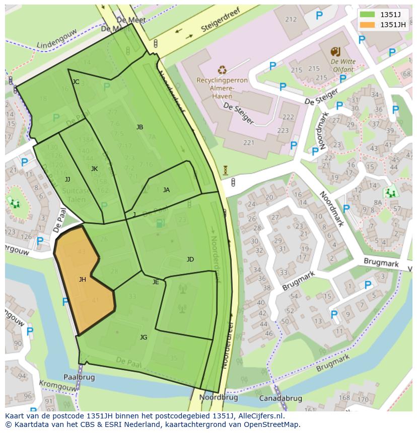 Afbeelding van het postcodegebied 1351 JH op de kaart.