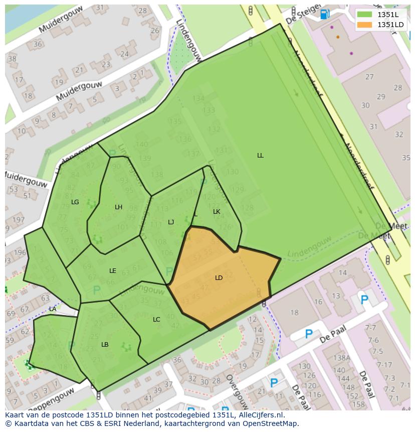 Afbeelding van het postcodegebied 1351 LD op de kaart.