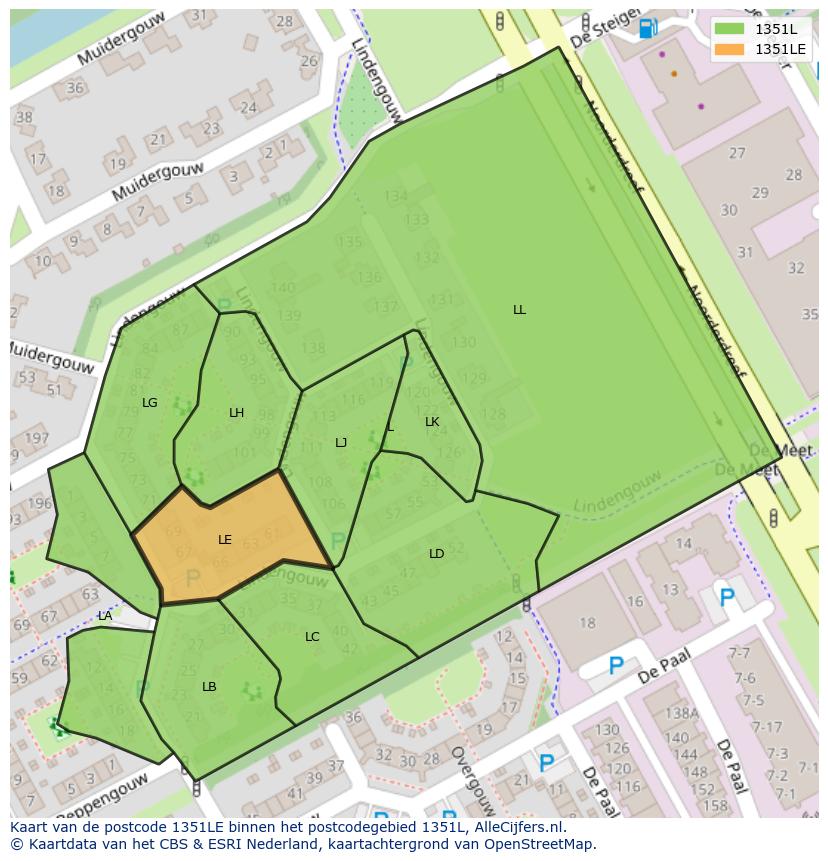 Afbeelding van het postcodegebied 1351 LE op de kaart.