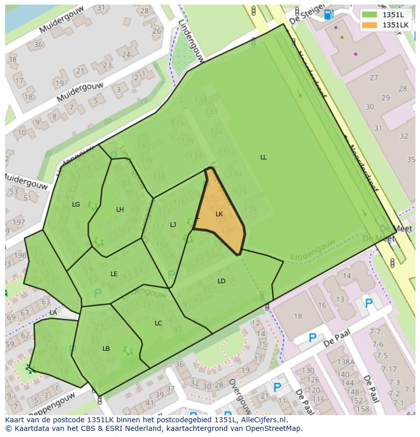 Afbeelding van het postcodegebied 1351 LK op de kaart.