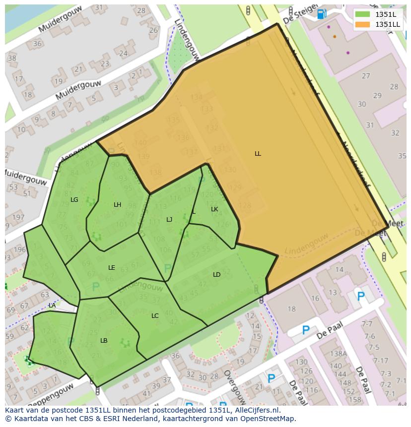 Afbeelding van het postcodegebied 1351 LL op de kaart.
